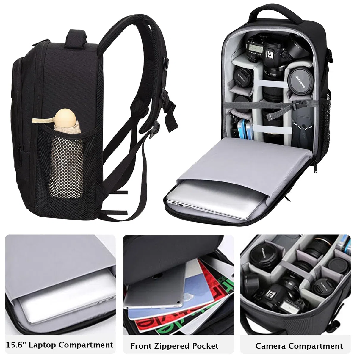 Sac à dos Appareil Photo Grand, Sac Photo pour Reflex et Hybride, 39 x 29 x 19 cm, Housse de Pluie Noire, Compartiments Réglables, Ordinateur Portable 15,6 Pouces, Sangle de Poitrine, Noir