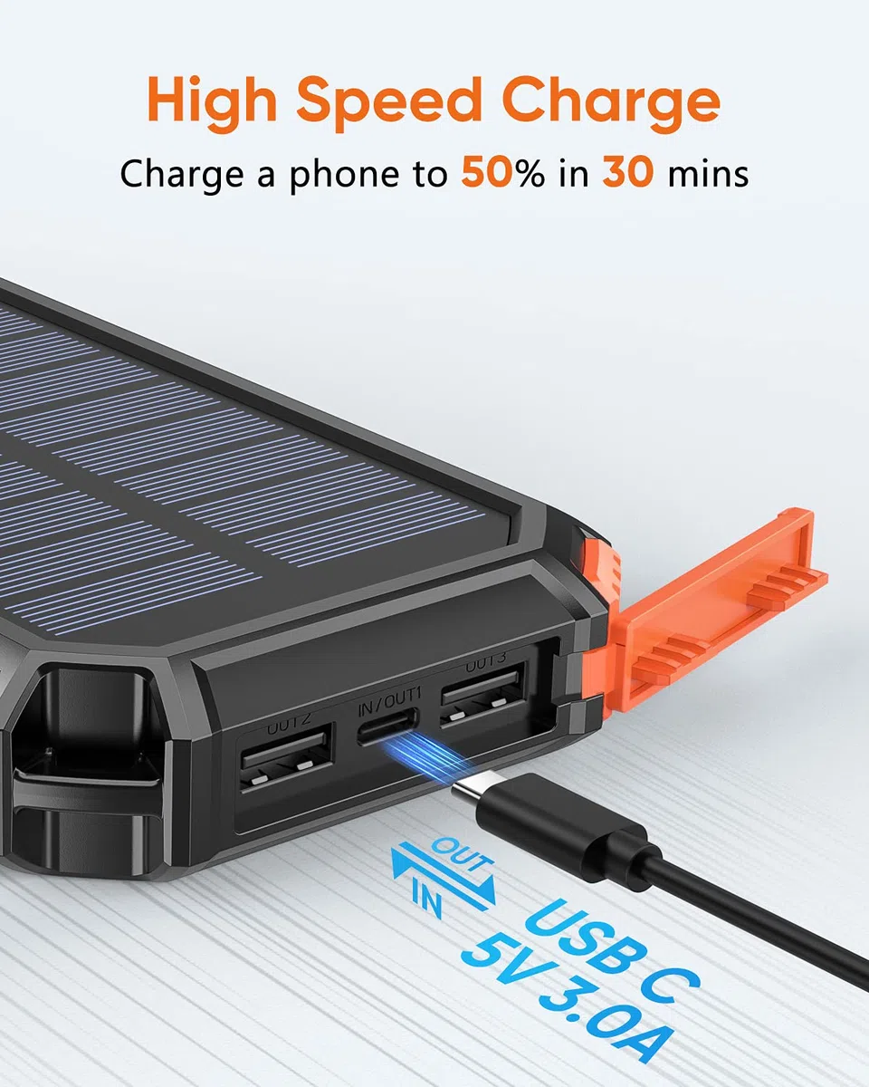 Hiluckey Chargeur Solaire 20000mAh avec 4 USB Portable Batterie Externe sans Fil Powerbank avec Charge Rapide USB C pour Smartphones, Tablette, Outdoor Camping (Orange)