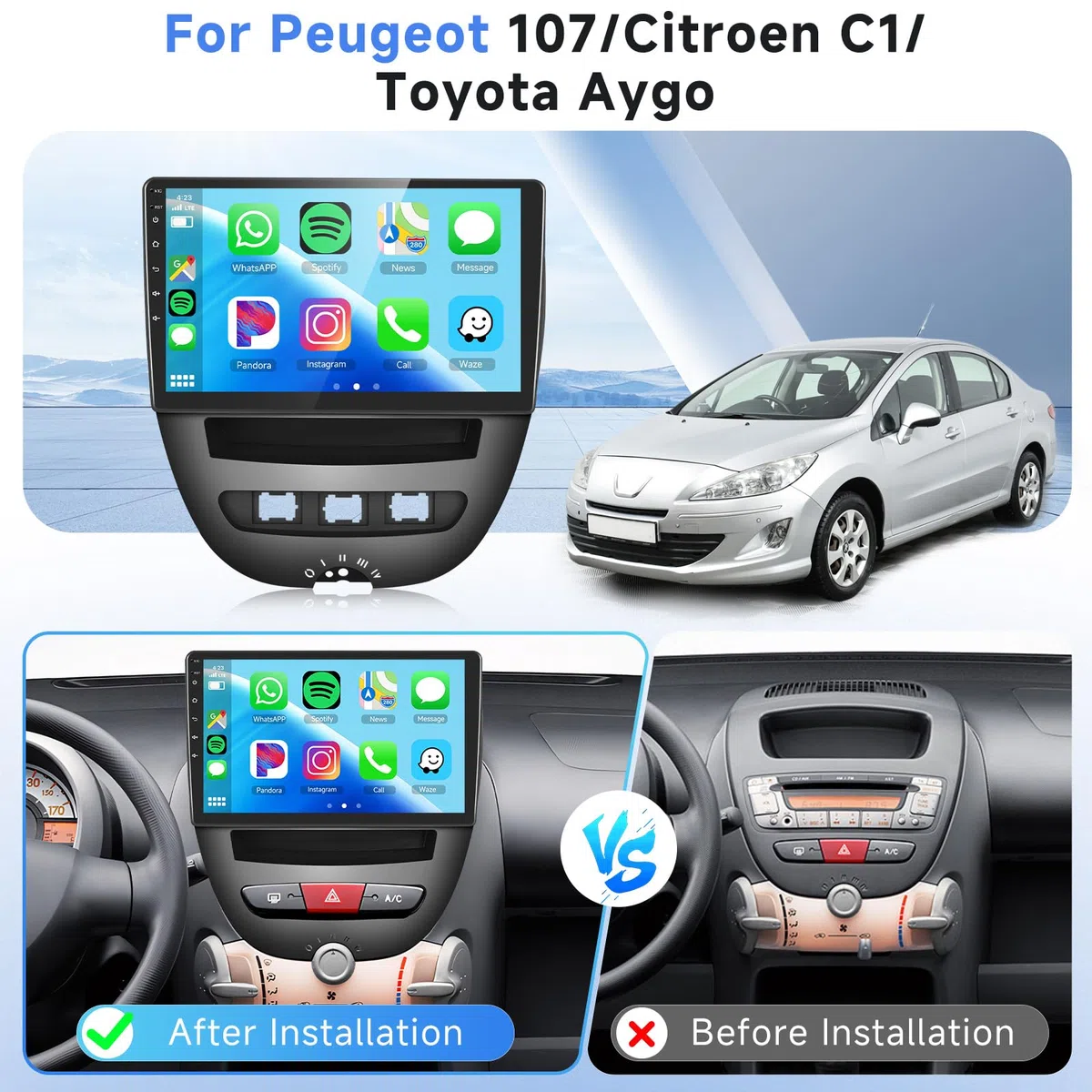 Autoradio sans fil Carplay pour Citroën C1/Toyota Aygo/Peugeot 107 2005-2014, Podofo écran tactile 10,1 pouces Android avec Android Auto sans fil, Bluetooth/GPS/WiFi/FM/RDS/HiFi/USB/Contrôle du volant