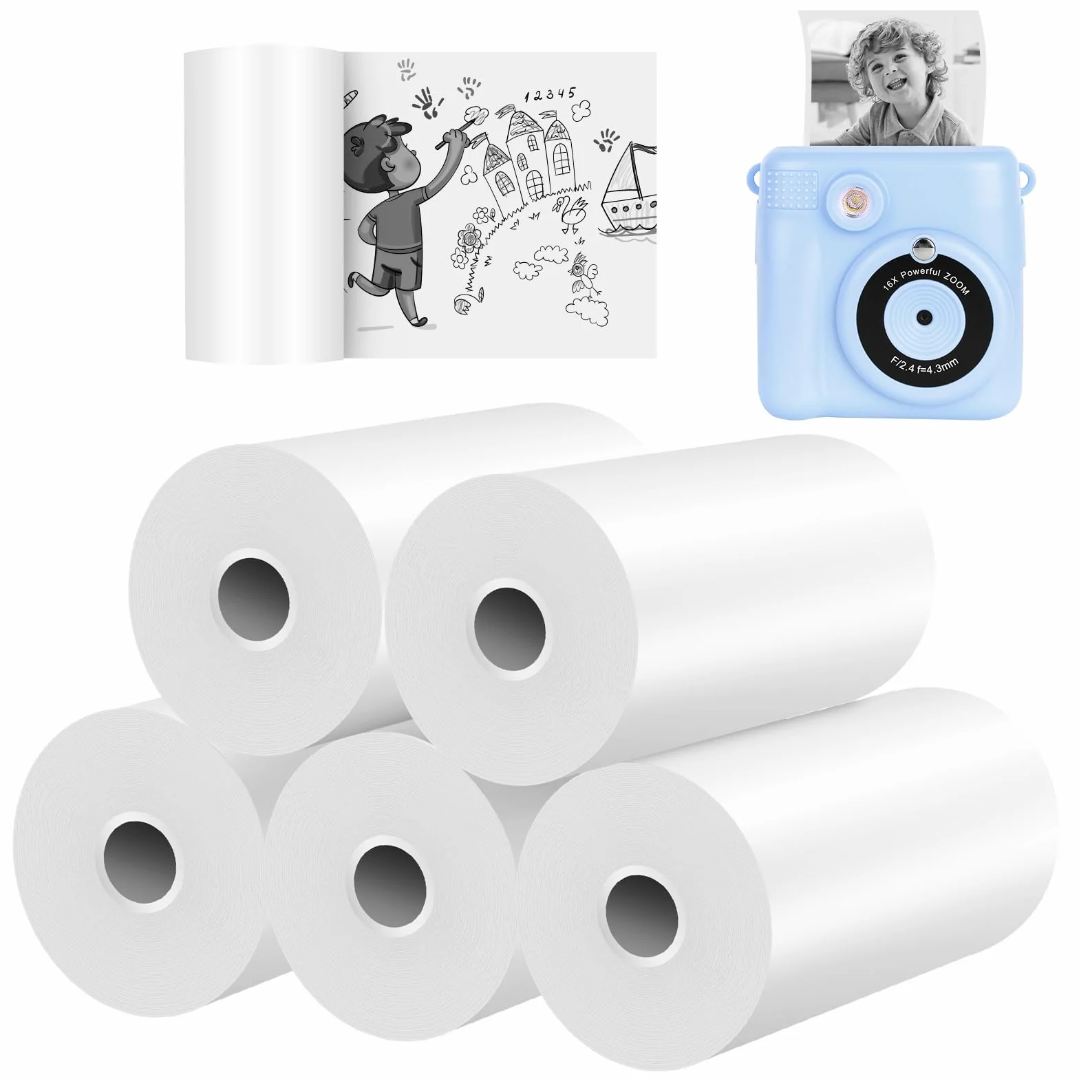 NICEWIN Lot de 5 Rouleaux de Papier d'impression pour Appareil Photo Enfant, Papier Thermique et Recharge pour Appareil Photo instantanée,Accessoires de Caméra à Impression Instantanée, Paint paper