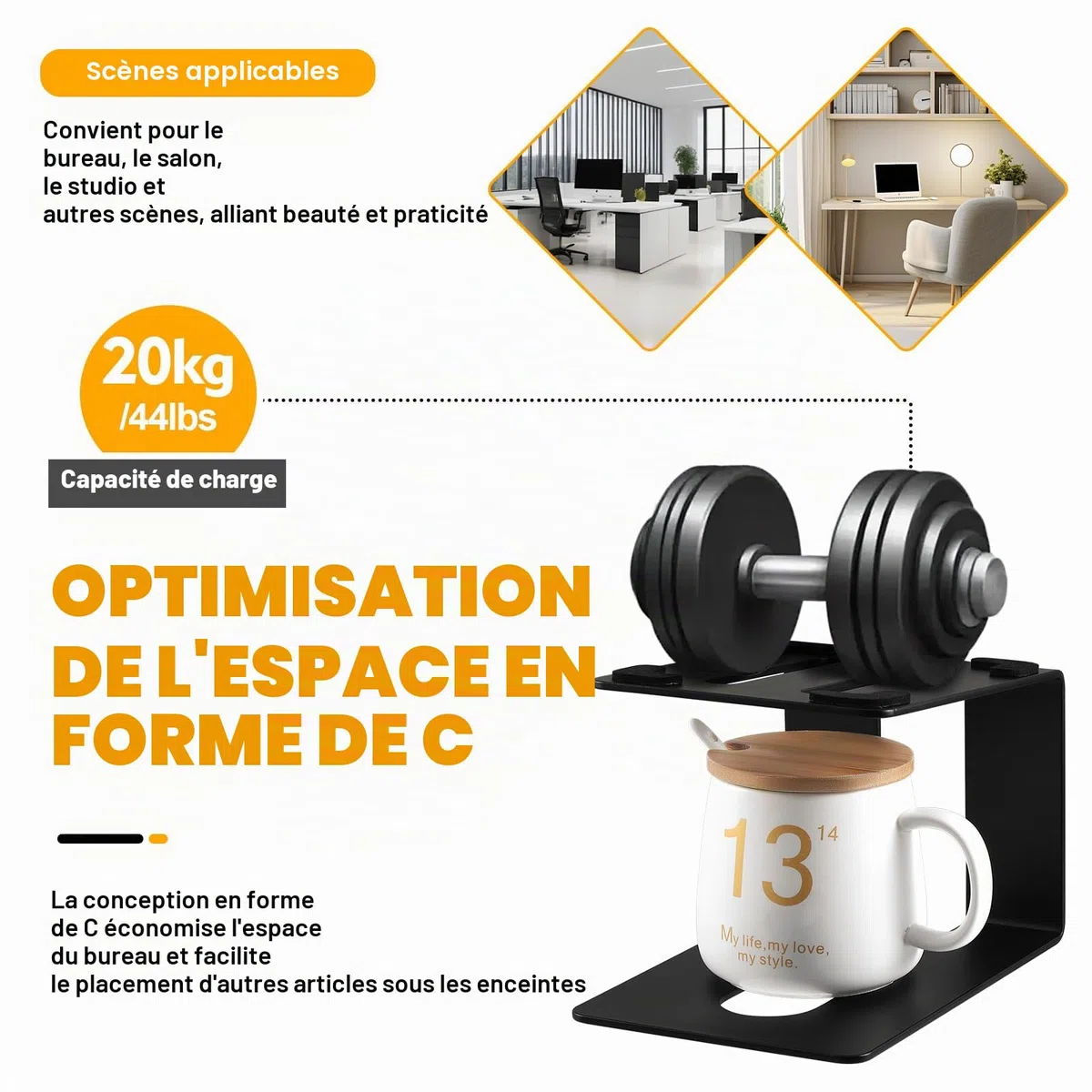 Coolty 1 paire de supports de haut-parleurs de bureau universels en métal avec coussinets absorbant les chocs, design inclinable, capacité de charge de 15 kg (noir)