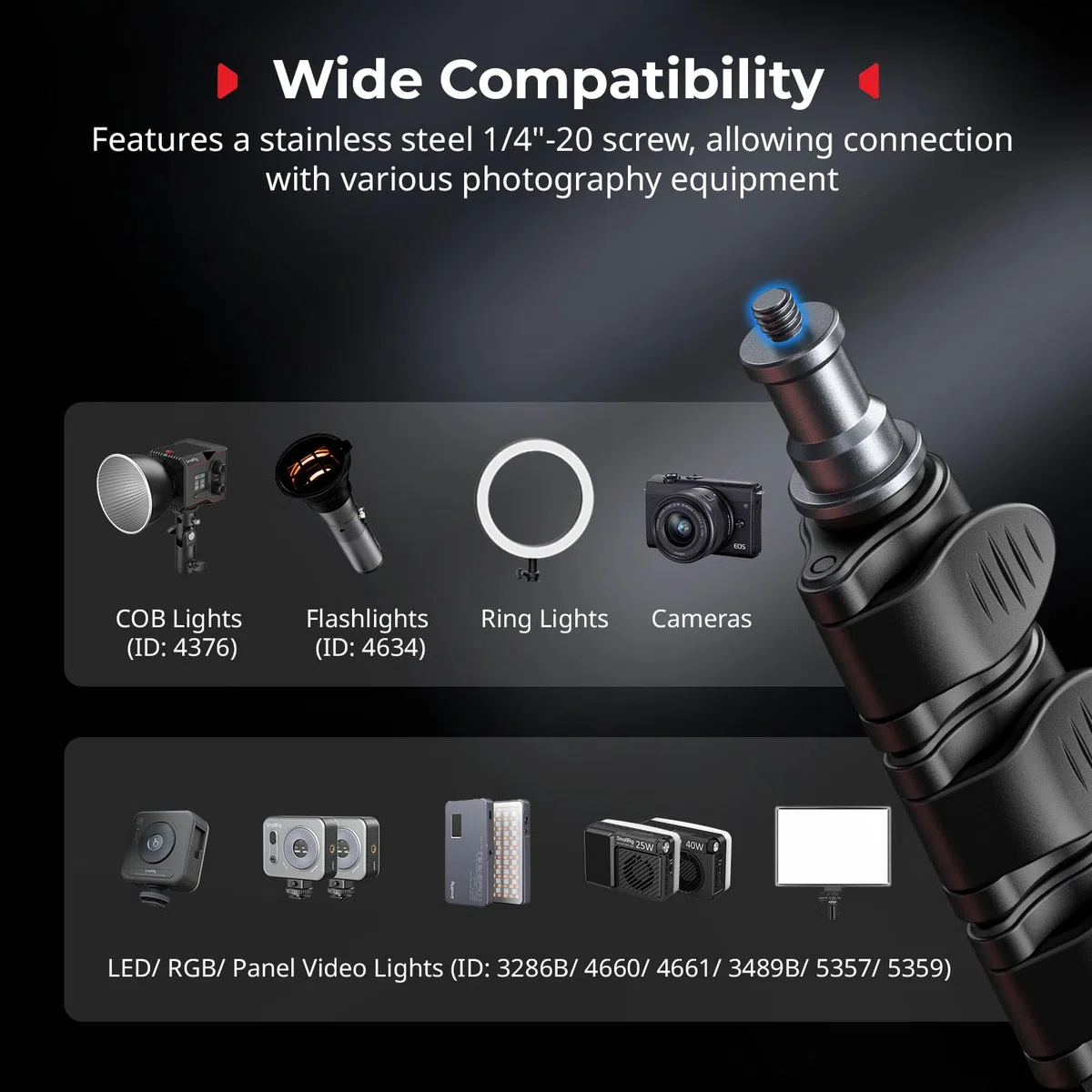 SMALLRIG 190 cm Trépied Lumière, Charge Max 4 kg, pour Lampes Torches, Anneaux Lumineux, Eclairages Vidéo LED, Eclairage COB, Trépied Pliable et Réglable, Dimensions plié 43 cm - 5475