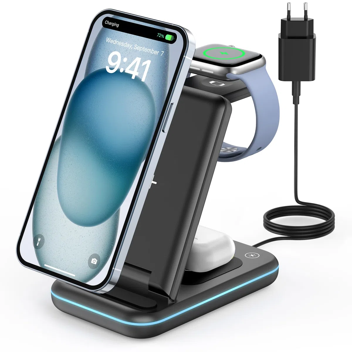 JoyGeek Chargeur Induction 3 en 1,Pliable Chargeur sans Fil Compatible avec i Phone 17/Air/16/15/14/13/12-8 Série, Station de Charge pour iWatch 11/10/9-3, pour AirPods 4/2/3/Pro-Noir
