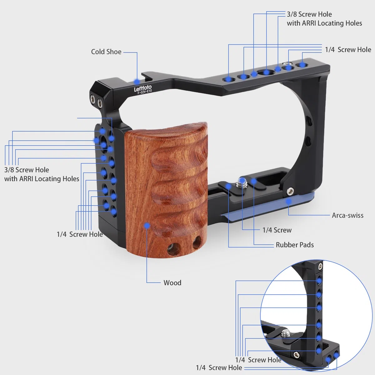 Leftfoto Cage en métal avec poignée en bois pour Sony Alpha ZV-E10 Accessoires de prise de vue vidéo, micro griffe/extension de lumière, cage vidéo pour filmer Vlog Camera Kit
