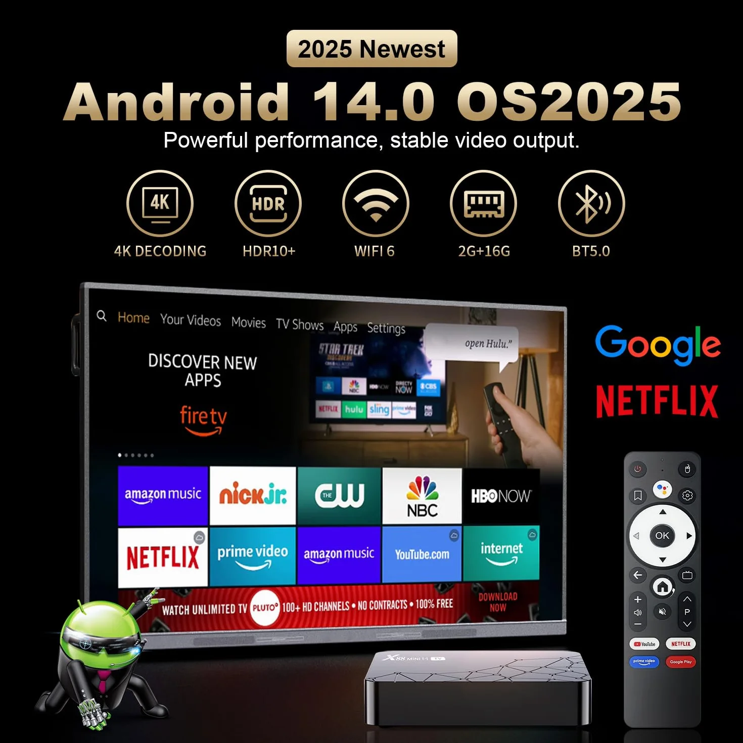 Android TV Box 14.0, 2025 8K Android Box 2nd Gen mit RAM 2 Go ROM 32 Go WiFi6 Enternet 10/100M Bluetooth 5.0 USB3.0 Soporte 3D HD 8K Boitier TV Android