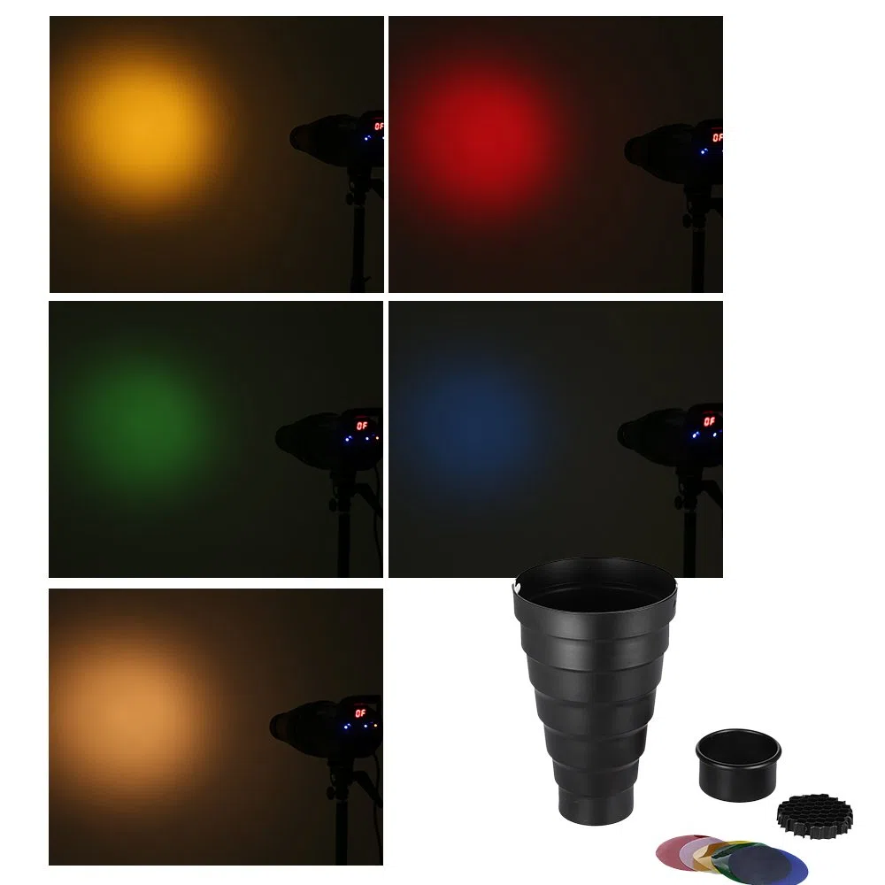 Speedlite, Snoot avec grille en nid d'abeille, kit de 5 filtres de couleur de rechange pour flash stroboscopique Elinchrom/Impact EX/Calumet Genesis/Interfit EX