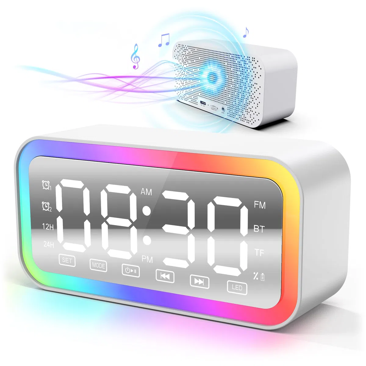 Réveil Lumineux Enceinte Bluetooth, LED Dynamiques, Double Alarme, Radio FM, pour Enfants, Ados et Adultes (Blanc)