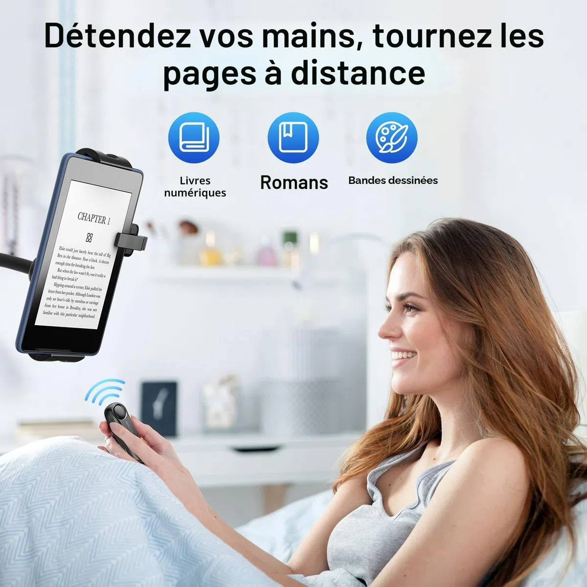 Support pour Kindle avec RF Télécommande Tourne Page (HKRC005) pour Lire au lit, eReaders Support et Télécommande Liseuse for Kindle/iPad/Tablets, Cadeau pour Les Lecteurs
