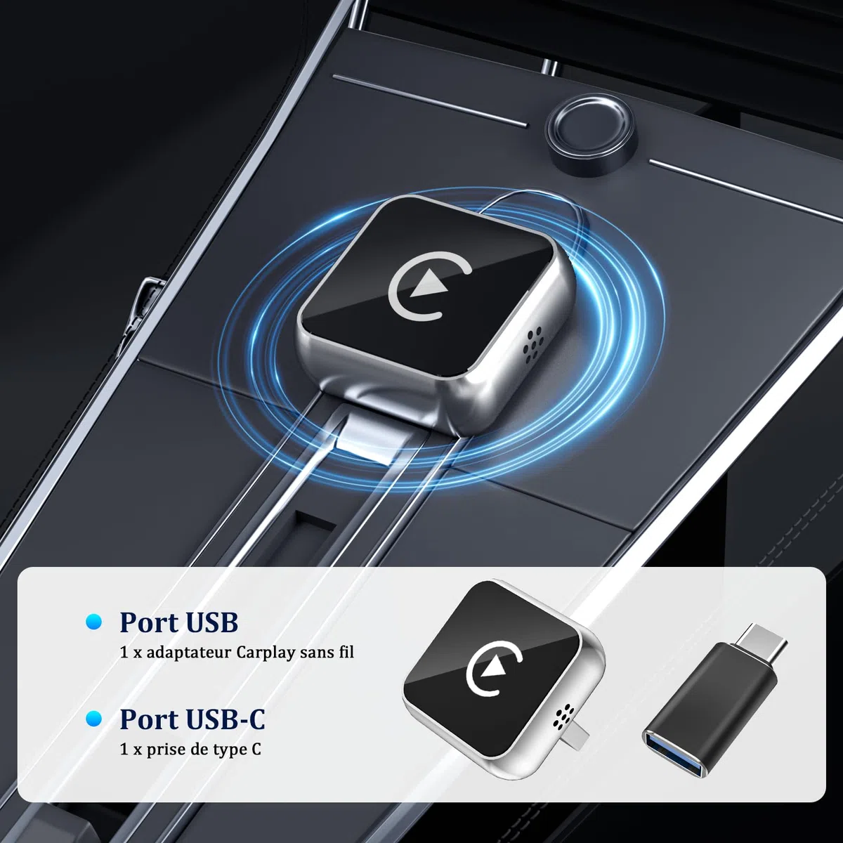 BSTOEM CarPlay sans Fil 2 en 1 pour Apple CarPlay/Android Auto, Mini Adaptateur sans Fil pour iPhone iOS 10+/Android 11+ et Plus de 2016 Voitures, Typ-C/USB, Car Play Voiture (‌Gris foncé‌) 1 pièce