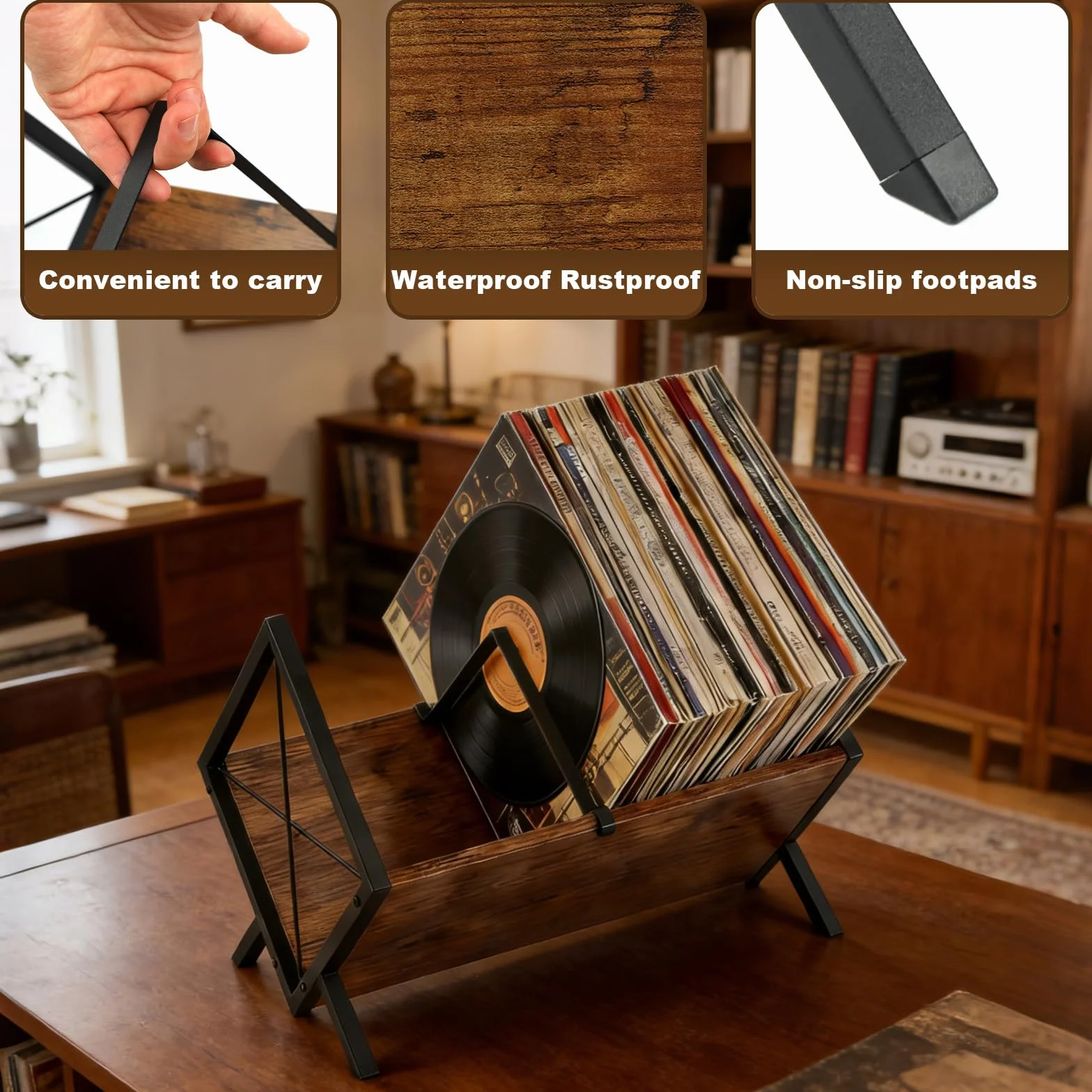 BigKing Support Pour Disques Vinyles, Organisateur LPs, Rangement Vinyle | Métal Et Bois, Rétro Support de Présentation Pour Disques Vinyles, Facile à Monter, Organisateur Pour 80 - 100 LPs, Albums