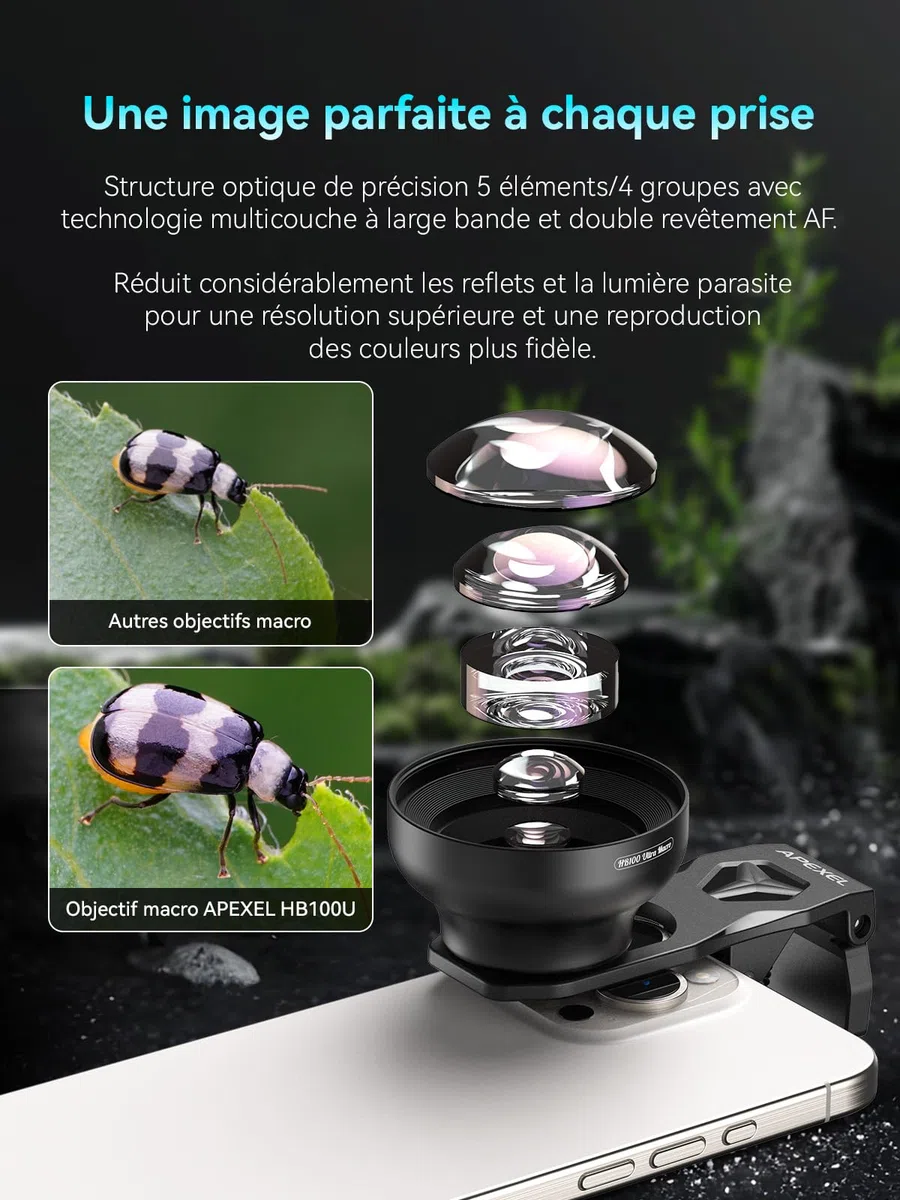 Objectif Macro APEXEL HB100Ultra pour iPhone, Clip pour Appareil Photo de Téléphone iPhone, Samsung, Pixel