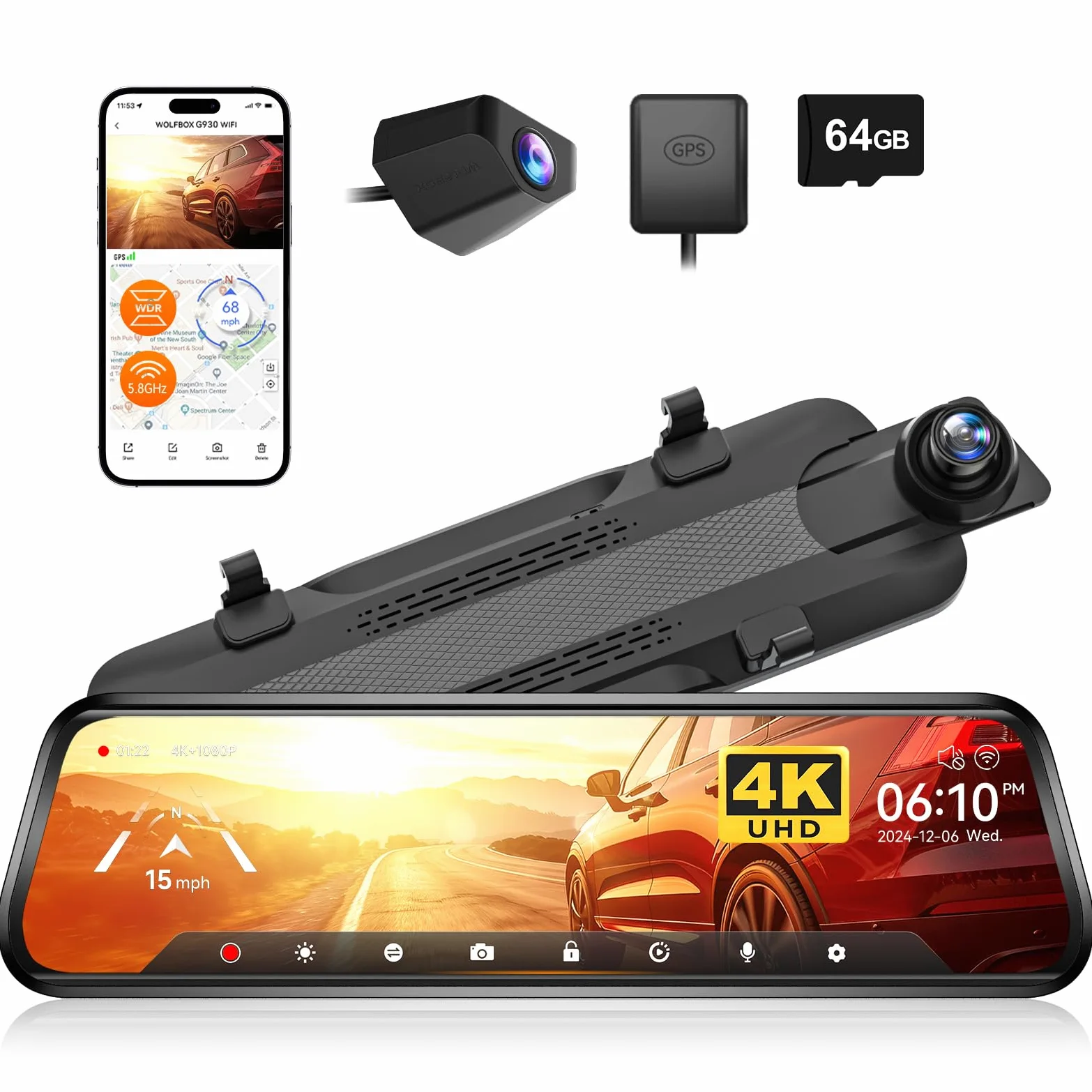 WOLFBOX G930 10" Dashcam Retroviseur avec 5.8GHz WiFi, 4K Dash Cam Avant et Arrière avec WDR, Rétroviseur à écran Tactile Caméra de Recul, Moniteur de Stationnement, Carte 64GB et GPS Inclus