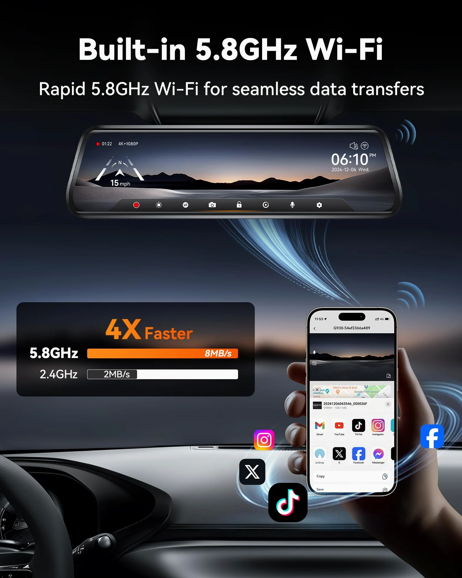 WOLFBOX G930 10" Dashcam Retroviseur avec 5.8GHz WiFi, 4K Dash Cam Avant et Arrière avec WDR, Rétroviseur à écran Tactile Caméra de Recul, Moniteur de Stationnement, Carte 64GB et GPS Inclus