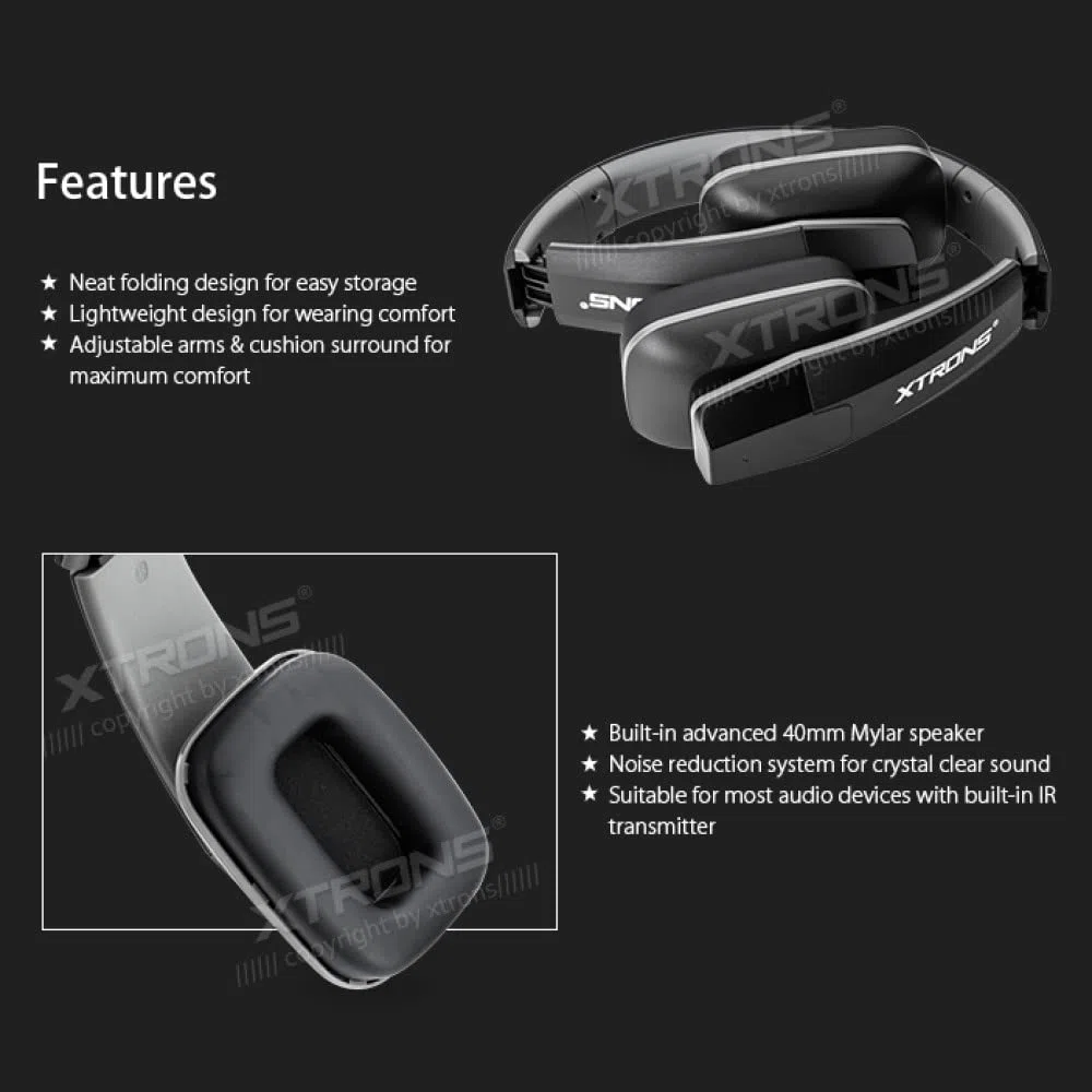 XTRONS Casque sans fil IR double canal stéréo infrarouge sans fil deux canaux avec transmetteur infrarouge intégré Noir
