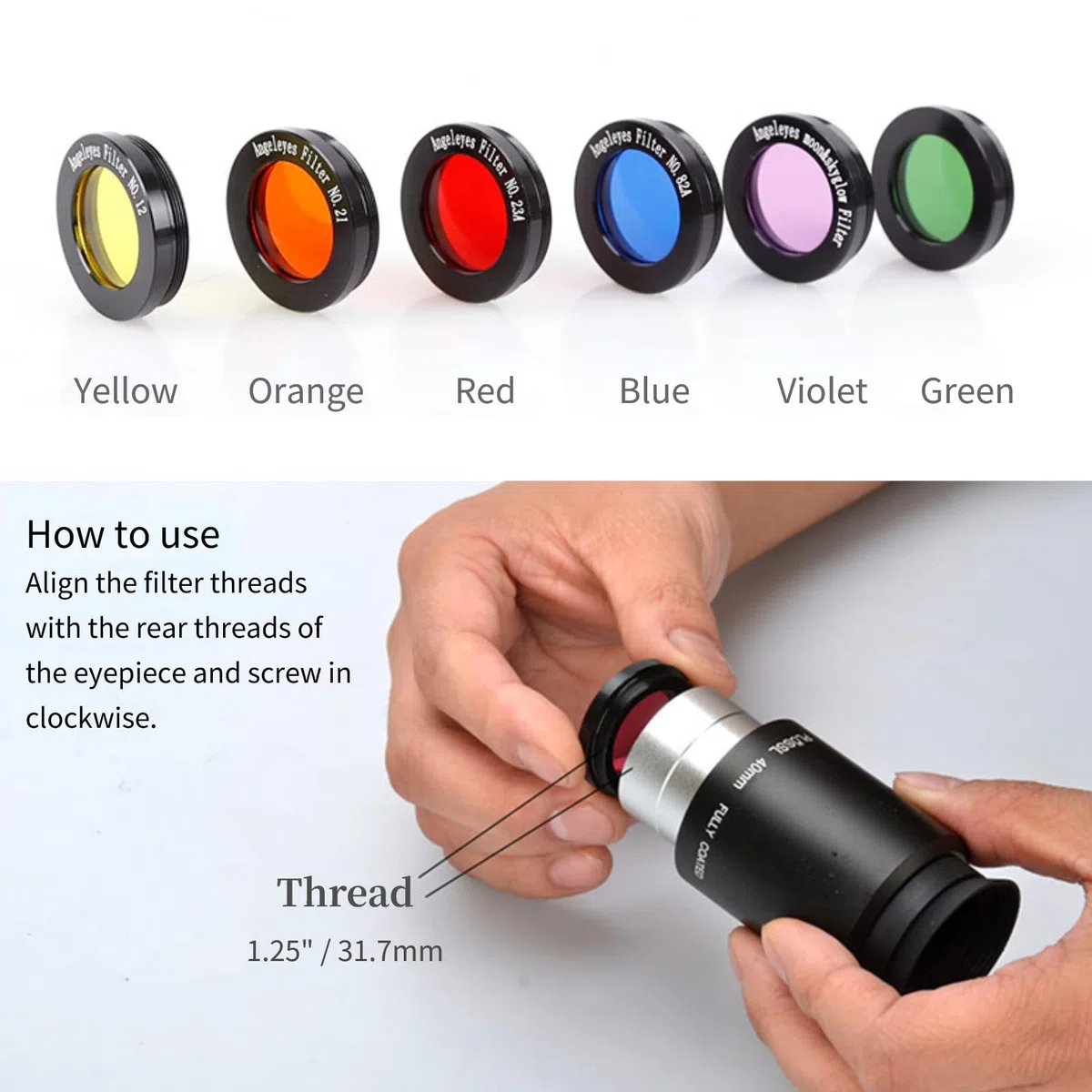 Ensemble de filtres d'objectif de filtre lunaire de télescope 1.25 pouces, ensemble de 6 filtres de couleur (jaune + orange + rouge + vert + bleu + violet), filtre d'oculaires de télescope, verre opti
