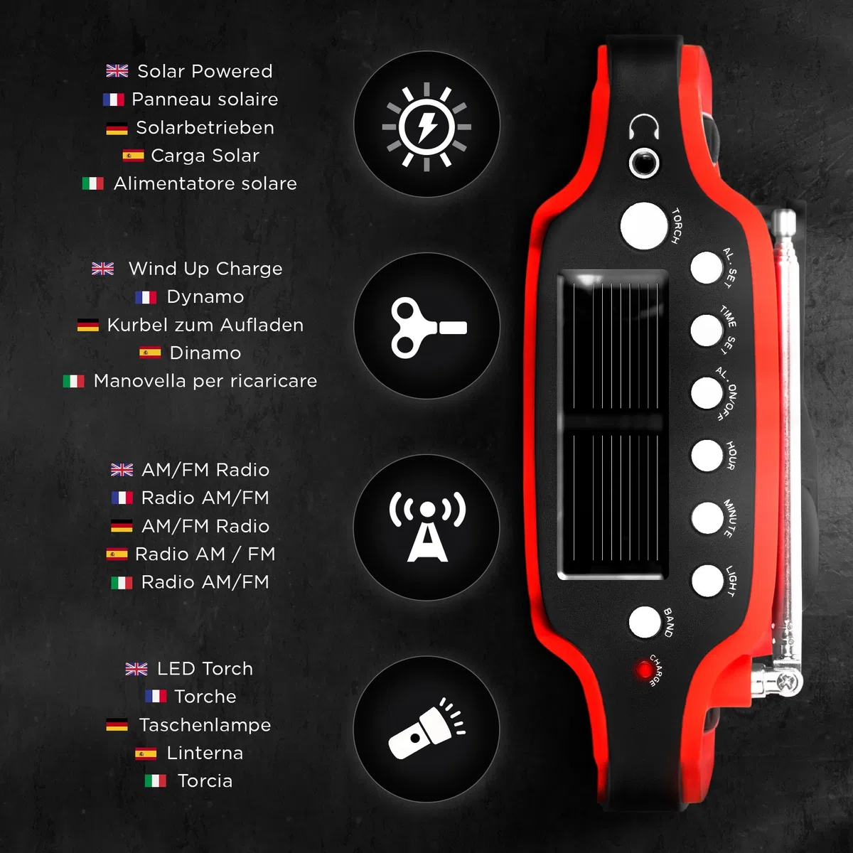 Duronic Apex Radio / Alarme / Lampe Torche / Chargeur USB dynamo et solaire – à affichage numérique Ne nécessite aucune pile