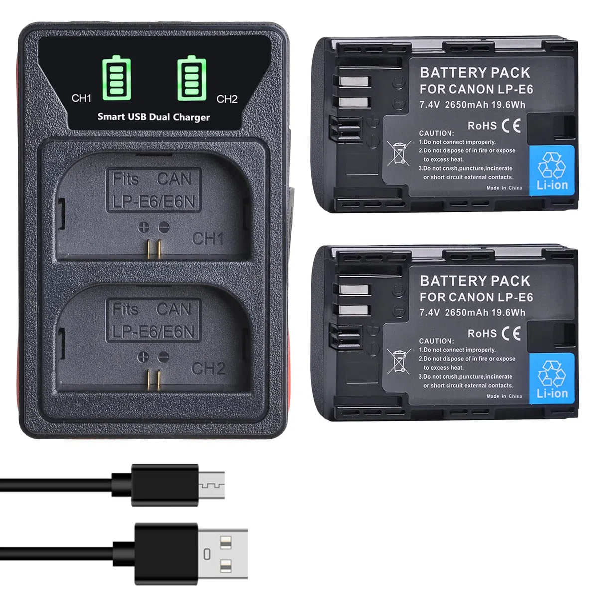 DuraPro Lot de 2 batteries LP-E6 + Chargeur USB intégré avec LED et port Type C pour Canon LP-E6, LP-E6N et Canon EOS 5D Mark II/III, 5DS, 5DS R, 6D, 7D, 70D, 80D, XC10, appareils photo Blackmagic 4K