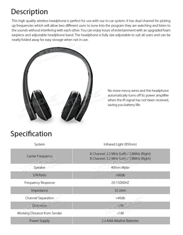XTRONS Casque sans fil IR double canal stéréo infrarouge sans fil deux canaux avec transmetteur infrarouge intégré Noir