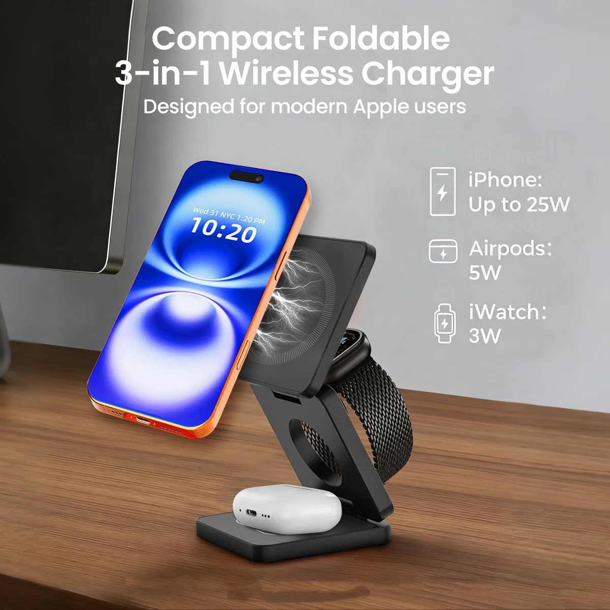 Chargeur sans Fil MagSafe 3 en 1 25W, Station de Charge magnétique pour iPhone 12 à 17, Apple Watch et AirPods, Chargeur Induction avec USB-C, Support Pliable pour Table de Chevet et Bureau