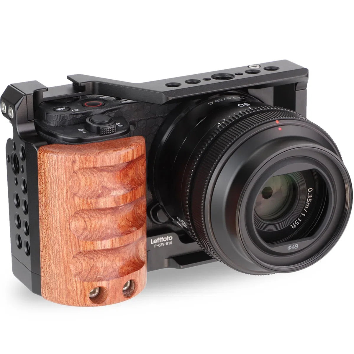 Leftfoto Cage en métal avec poignée en bois pour Sony Alpha ZV-E10 Accessoires de prise de vue vidéo, micro griffe/extension de lumière, cage vidéo pour filmer Vlog Camera Kit