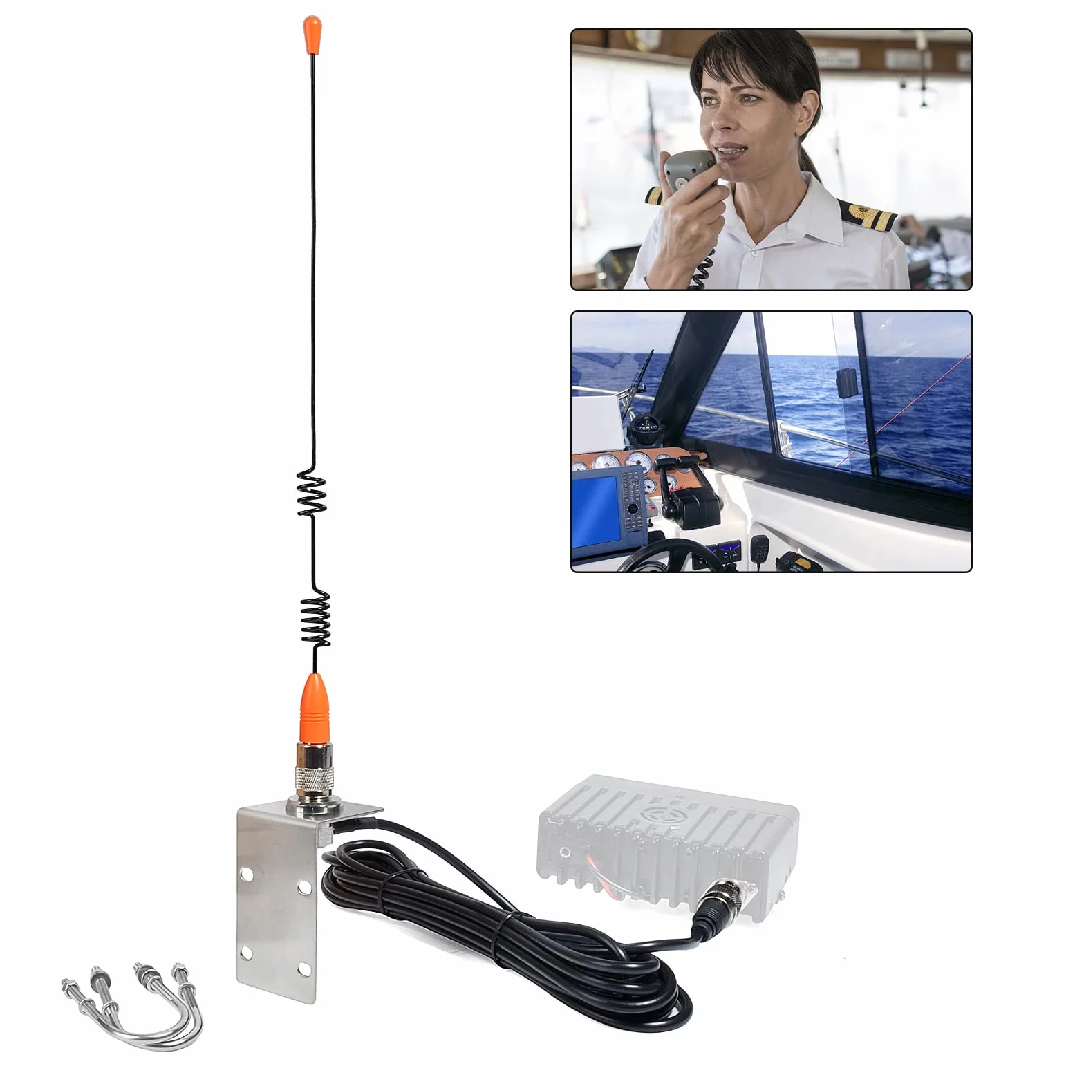 VHF Antenne de Bateau, 156-163 MHz avec câble coaxial RG58 de 5 m et Support de Garde-Boue en Forme de L pour Bateau Maritime, Yacht, Radio Mobile