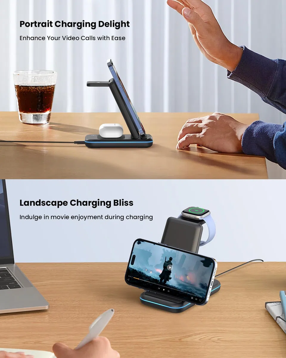 JoyGeek Chargeur Induction 3 en 1,Pliable Chargeur sans Fil Compatible avec i Phone 17/Air/16/15/14/13/12-8 Série, Station de Charge pour iWatch 11/10/9-3, pour AirPods 4/2/3/Pro-Noir