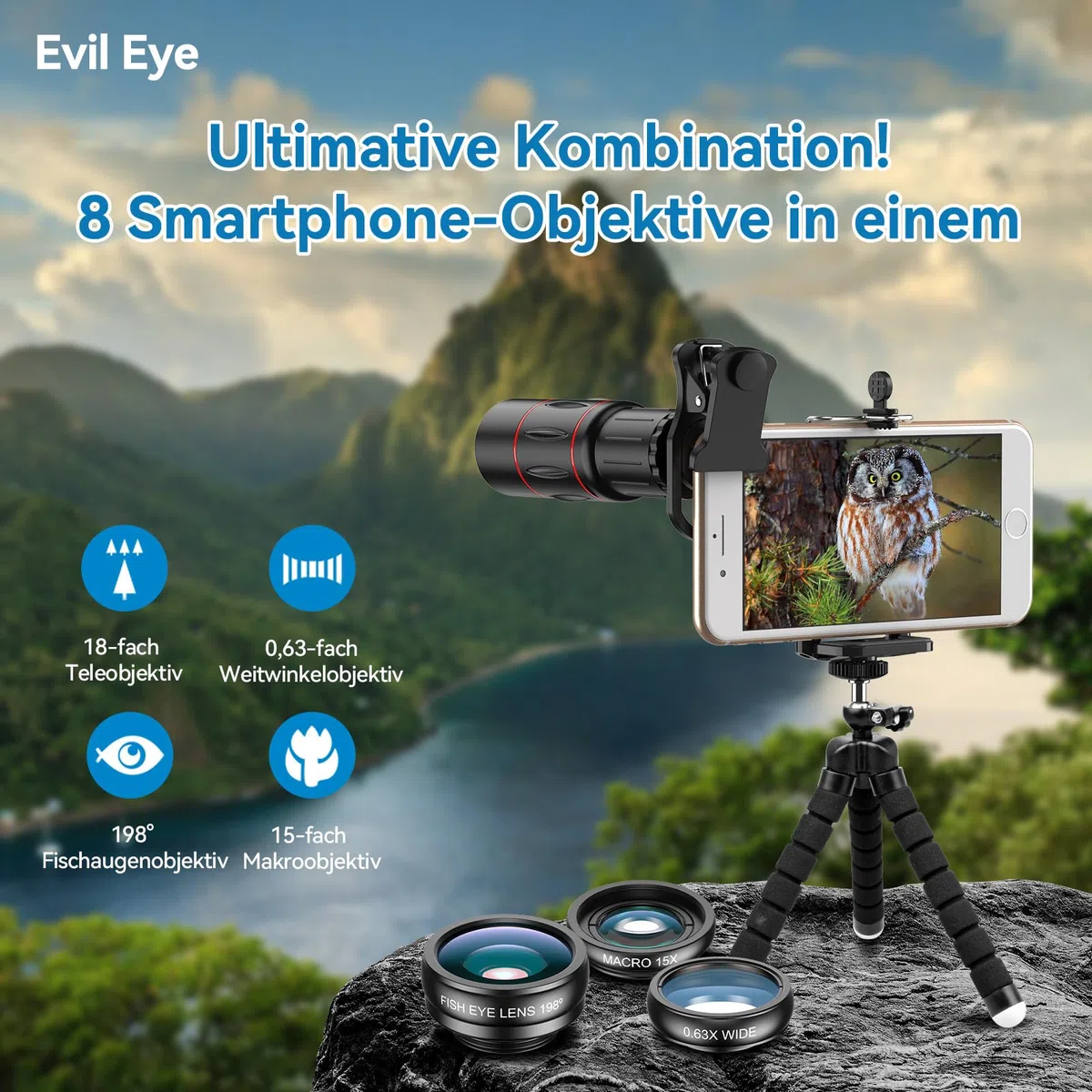 Apexel Kit de lentille de téléphone pour Appareil Photo 18 x téléobjectif Grand Angle et Macro, Objectif Fisheye/kaléidoscope et Filtre étoile avec déclencheur à Distance pour Phone