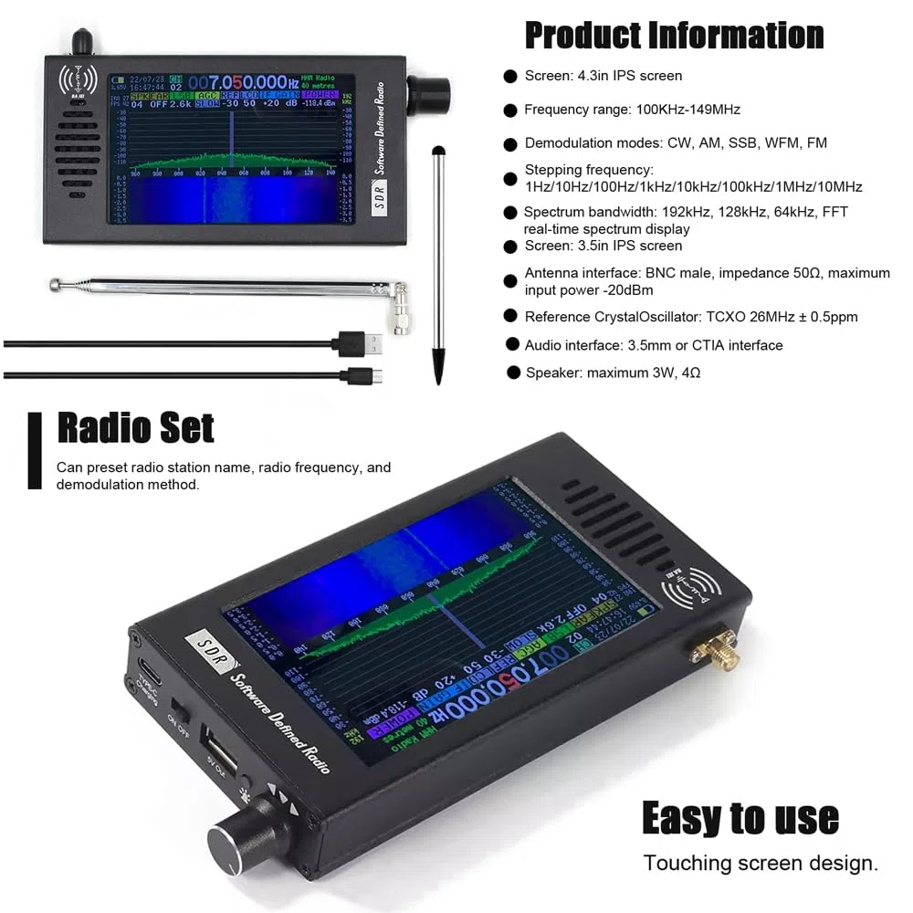 Recevoir Radio de 4,3 Pouces Professionnel avec Un écran IPS, Une Batterie 5000mA, 99 Canaux, Une Radio D'antenne à Ondes Courtes Ensemble pour Les Bandes AM/FM, Affichage de