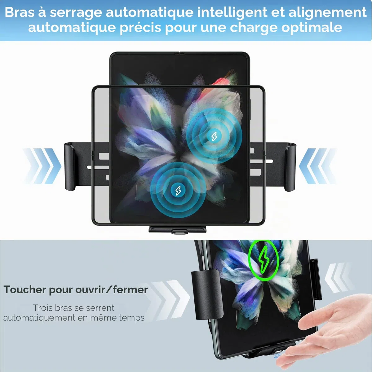Qoosea 15W Qi Chargeur Induction Voiture, Double Bobine Chargeur sans Fil Voiture Rapide Automatic Clamping Support Téléphone Voiture pour Samsung Galaxy Z Fold 6/Z Fold 5/4/3/2 Oppo Find N2