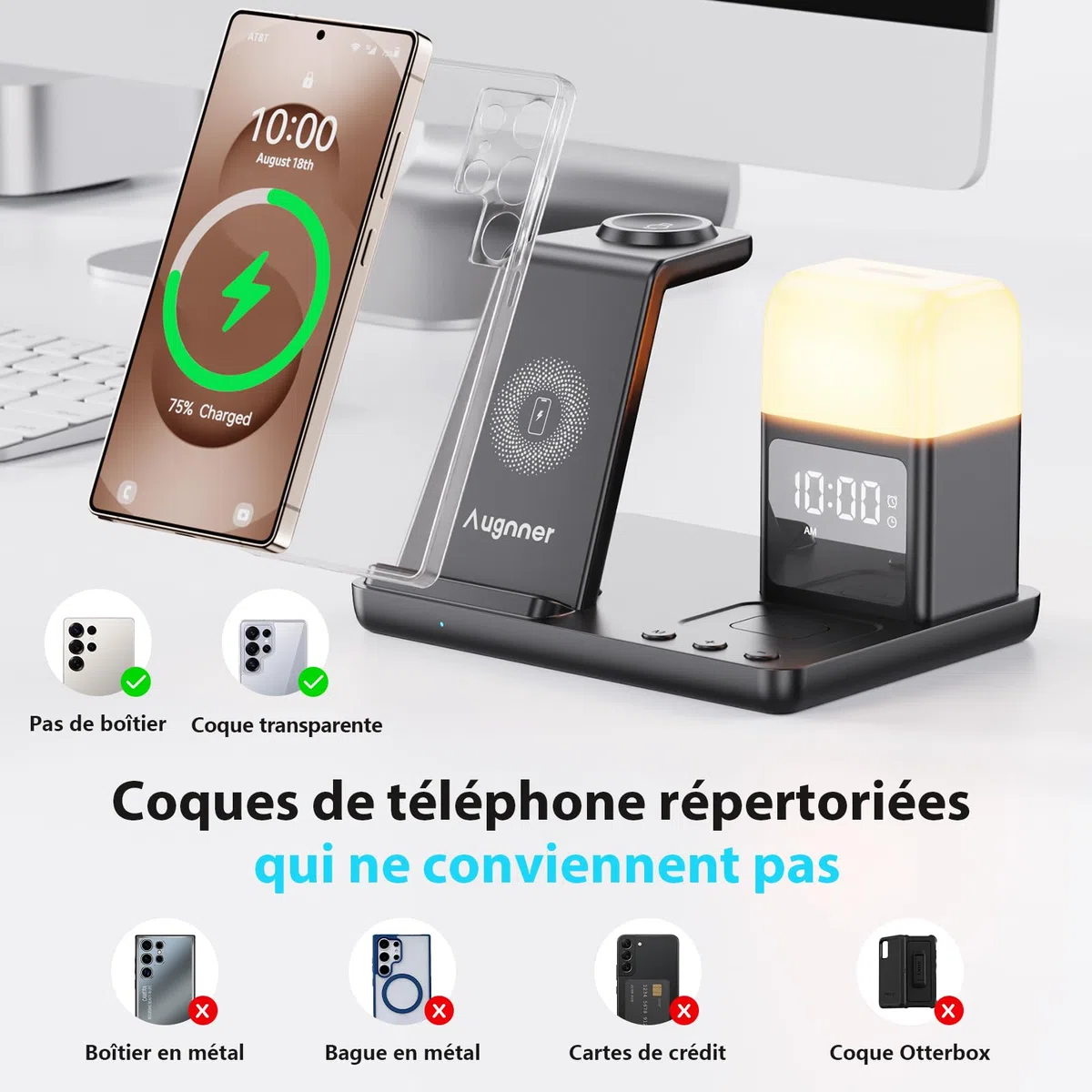 Station de Recharge Inductive 6-en-1 Améliorée pour Samsung avec Réveil & Lumière | Support de Charge sans Fil 15W Rapide pour Galaxy S25/S24/Z Fold6/Flip/Note, Watch Ultra/6/5 Pro, Galaxy Buds