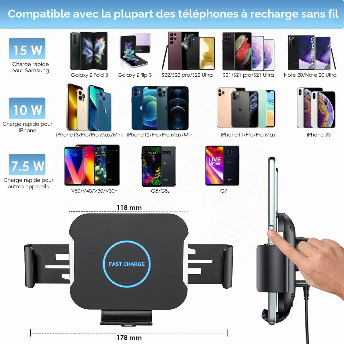 Qoosea 15W Qi Chargeur Induction Voiture, Double Bobine Chargeur sans Fil Voiture Rapide Automatic Clamping Support Téléphone Voiture pour Samsung Galaxy Z Fold 6/Z Fold 5/4/3/2 Oppo Find N2