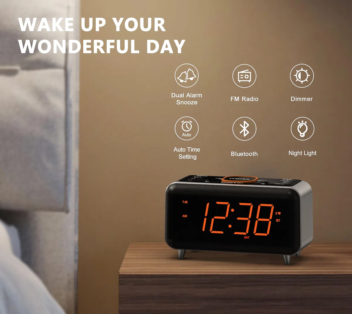 iTOMA Réveil Radio avec contrôle d'APP, Bluetooth, Radio FM, Double réveil en 4 Modes d'alarme, Sieste Facile, Dimmer, lumière de Nuit Orange, 12/24 Heures et Port de Chargeur USB 208
