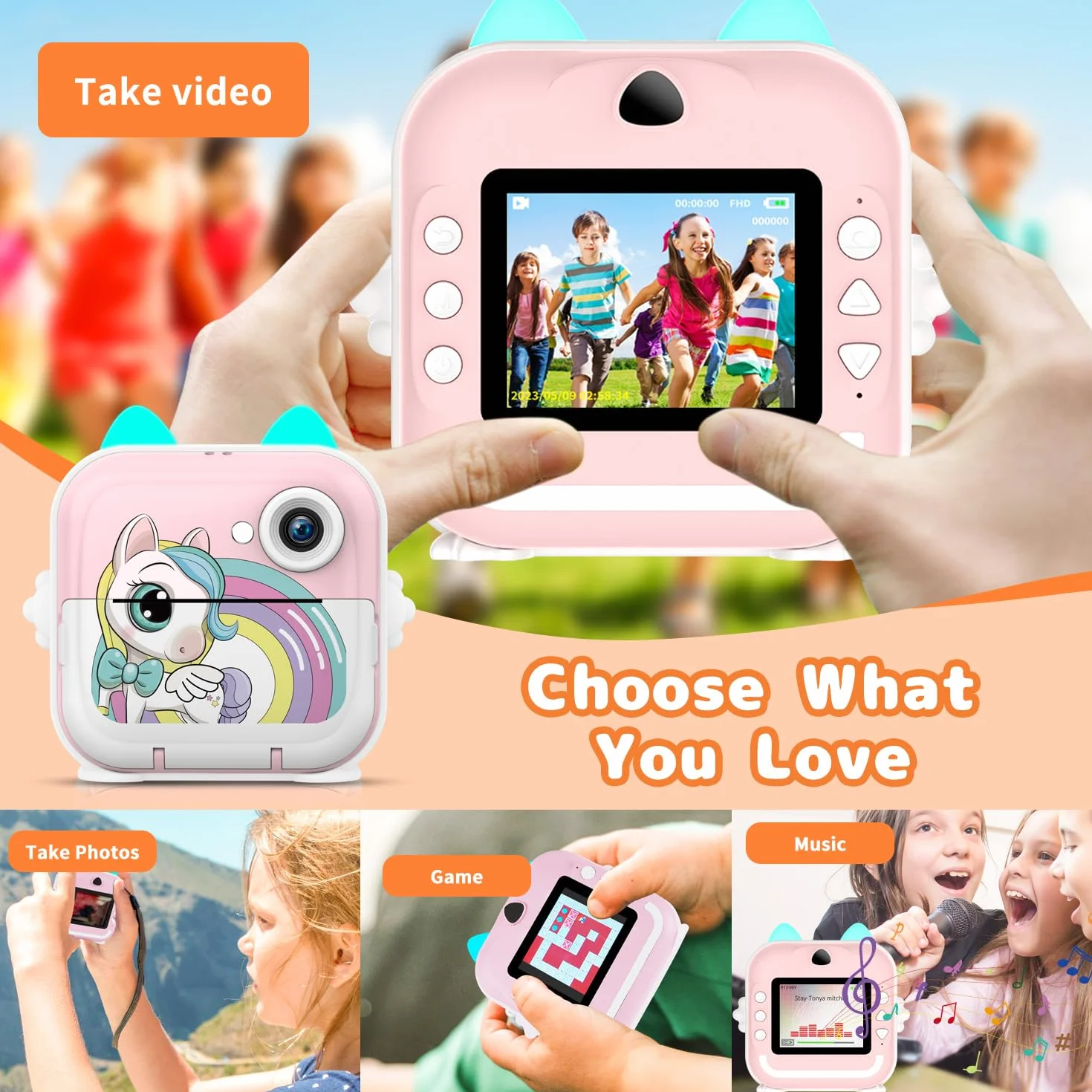 Appareil Photo Instantané pour Enfants, 2,4 Pouces HD 1080P Caméra Vidéo Appareil Photo Numérique Enfant avec 32GB Carte & Papier d'impression, Cadeau Jouet pour Enfants 6 Ans et Plus