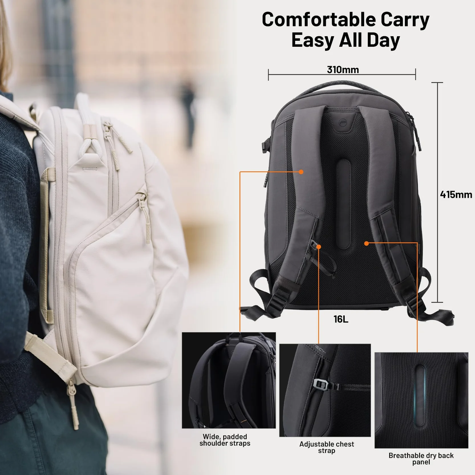 PGYTECH OneGo Lite Sac a Dos Appareil Photo 16L Sac Léger étanche pour Photographie Urbaine et Voyage. Compatible Sony/Canon/Nikon/reflex/numériques