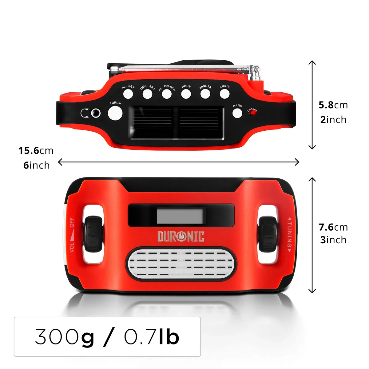 Duronic Apex Radio / Alarme / Lampe Torche / Chargeur USB dynamo et solaire – à affichage numérique Ne nécessite aucune pile