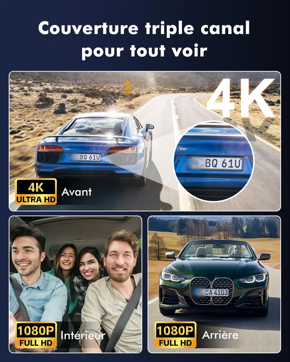 Dashcam Voiture 3 Canaux 4K, WiFi GPS, Mode Park 24h, Carte 64 Go | 4K Avant+ 1080P Arrière+ 1080P Intérieur, Vision Nocturne HDR/WDR, G-Sensor, Enregistrement en Boucle, Écran IPS 3"