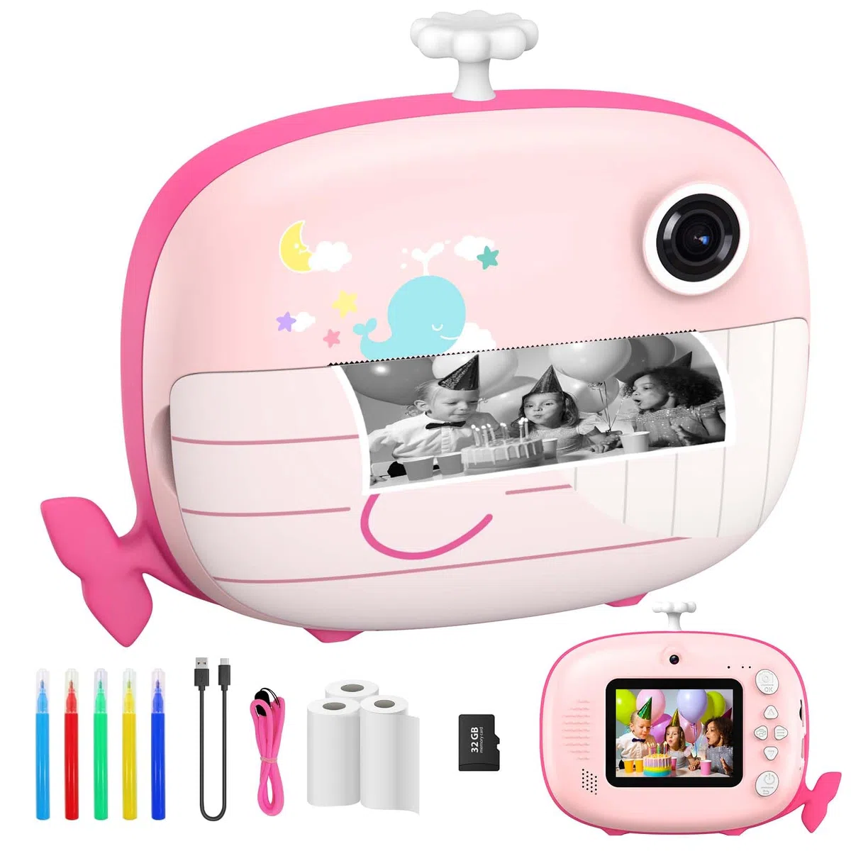 Ushining Appareil Photo à Impression Instantanée pour Enfants, 1080P Appareil Photo Numérique Enfant avec Écran de 2,4 Pouces Papier d'impression Carte TF 32 Go, Cadeau pour Filles Garçons 3-14 Ans