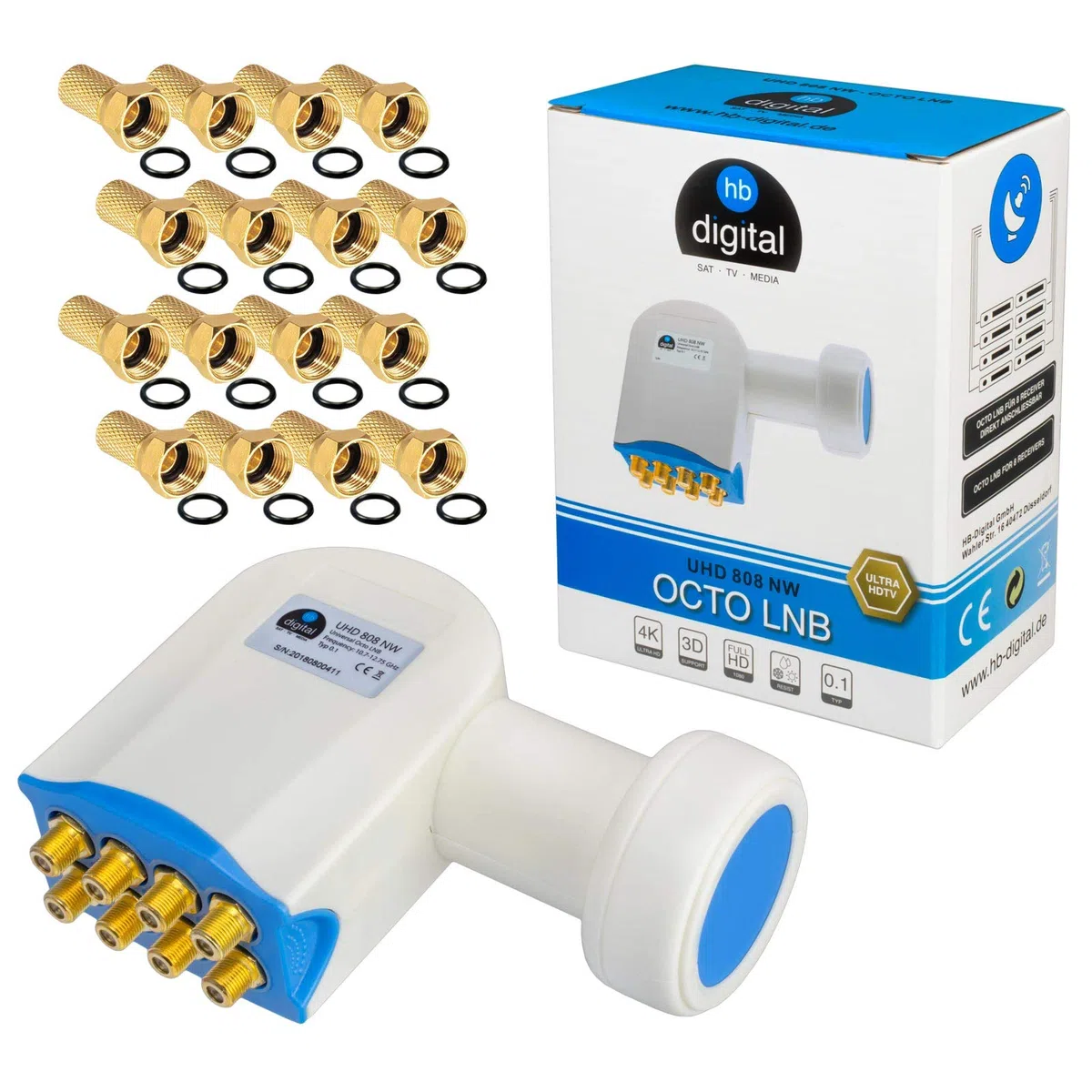 hb-digital Octo Ultra LNB NW LNC pour 8 participants/récepteurs [Test TRÈS BON] Connexion directe Full HDTV 4K - Contacts dorés - Capuchon de protection contre les intempéries (coulissant) - Avec 16