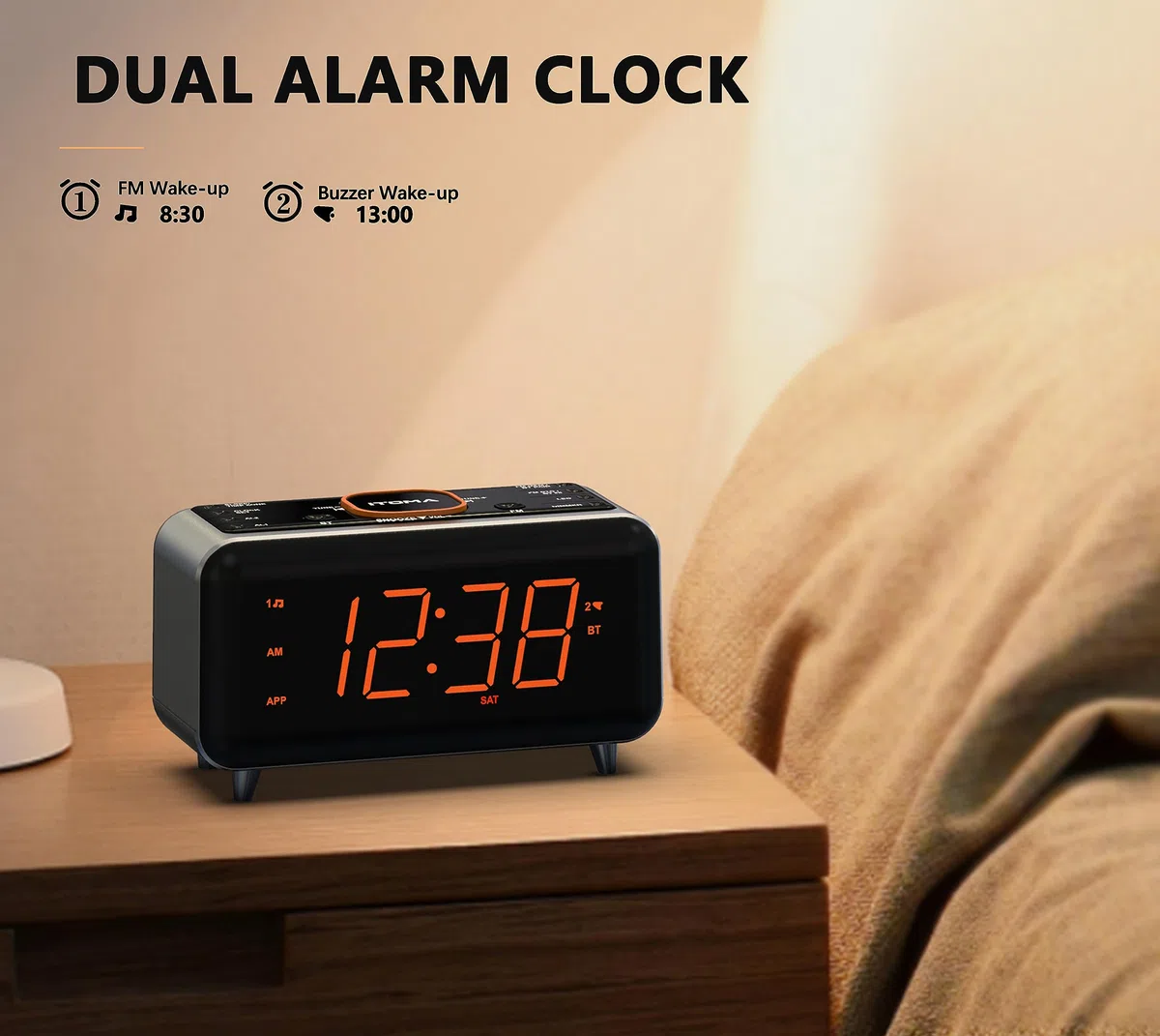 iTOMA Réveil Radio avec contrôle d'APP, Bluetooth, Radio FM, Double réveil en 4 Modes d'alarme, Sieste Facile, Dimmer, lumière de Nuit Orange, 12/24 Heures et Port de Chargeur USB 208