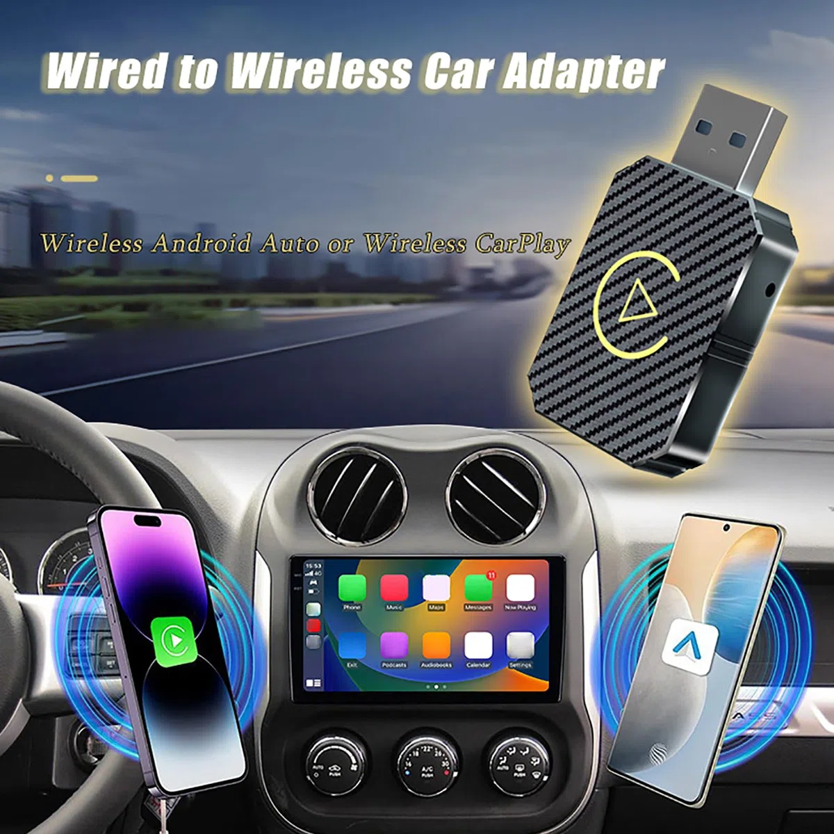 Adaptateur CarPlay sans Fil pour Peugeot 2008 (2nd Gen) 2013 2014 2015 2016 2017 2018 2019 2020 2021 2022 2023, Clé CarPlay Plug & Play, Convertir CarPlay Filaire en CarPlay sans Fil,B Gold