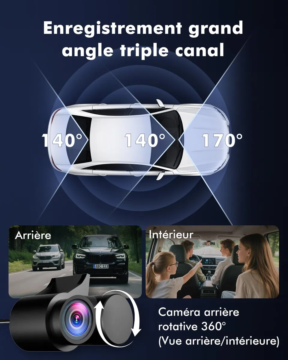 Dashcam Voiture 3 Canaux 4K, WiFi GPS, Mode Park 24h, Carte 64 Go | 4K Avant+ 1080P Arrière+ 1080P Intérieur, Vision Nocturne HDR/WDR, G-Sensor, Enregistrement en Boucle, Écran IPS 3"