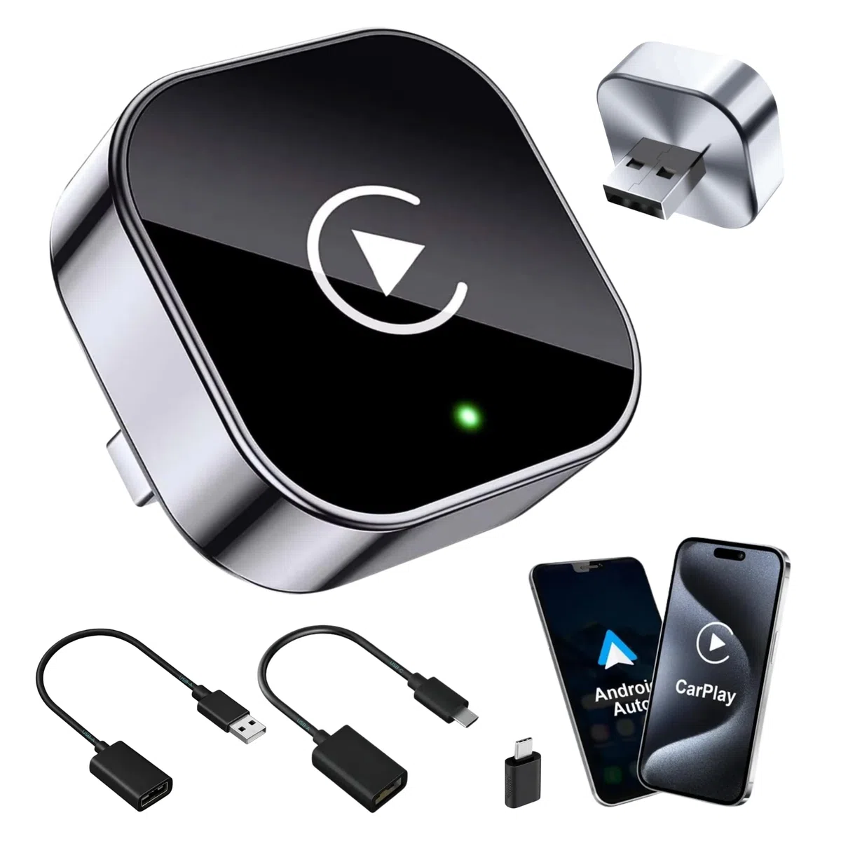 Adaptateur Carplay sans Fil & Android Auto sans Fil 2 en 1 Mini (Version 2026) – Plug & Play, reconnexion Rapide, 3 Accessoires Inclus, Compatible USB-A et USB-C