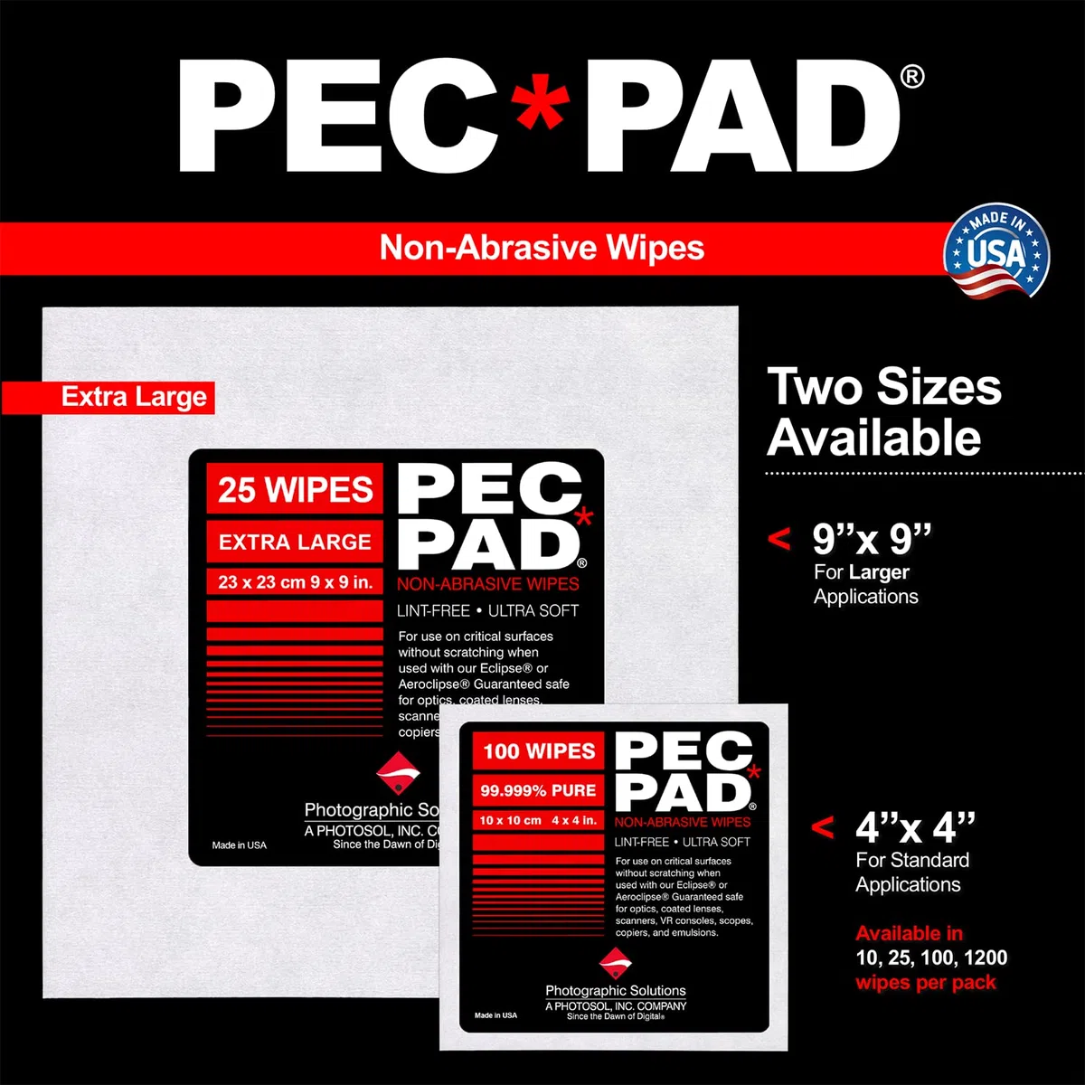 PEC-12 Kit de nettoyage pour émulsion photographique et lingettes non abrasives non pelucheuses 10,2 x 10,2 cm 100 feuilles par paquet – pour film de nettoyage, négatif photo, diapositive en noir et