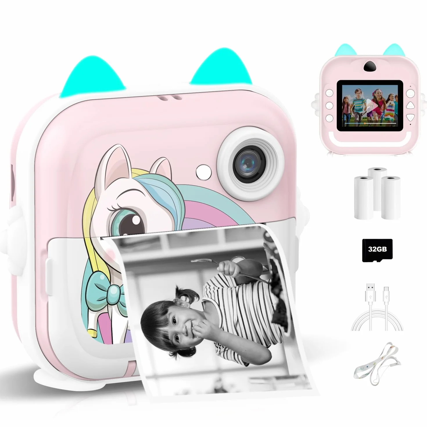 Appareil Photo Instantané pour Enfants, 2,4 Pouces HD 1080P Caméra Vidéo Appareil Photo Numérique Enfant avec 32GB Carte & Papier d'impression, Cadeau Jouet pour Enfants 6 Ans et Plus