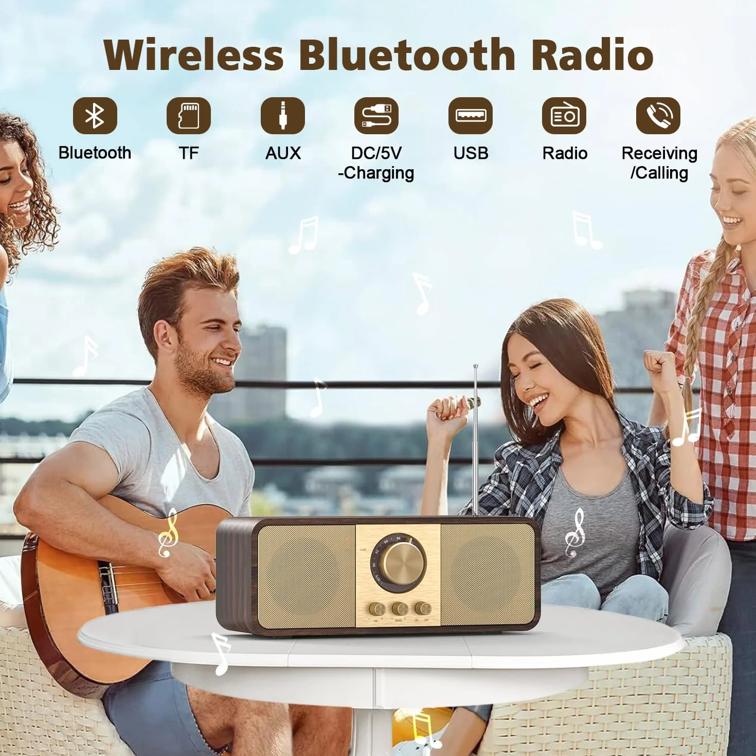 Radio Vintage, Radios Rétro avec Bluetooth et Carte TF, Alimentation par Batterie 3000mAH, avec 2 Woofers de 8 Watts, Radios Rétro avec AUX/USB, Radio Cuisine/Chambre/Bureau