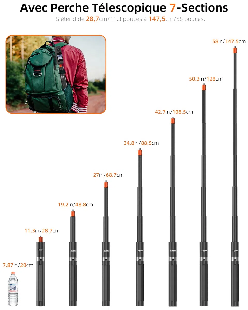 Perche à Selfie Invisible 147cm avec Trépied pour Insta 360 X5/X4/X3/Ace Pro/GO 3S/GO Ultra, DJI Osmo 360, GoPro, 2-en-1 Bâton Selfie Trepied/Tige d'extension étendue/Poignée/Support/Accessoires